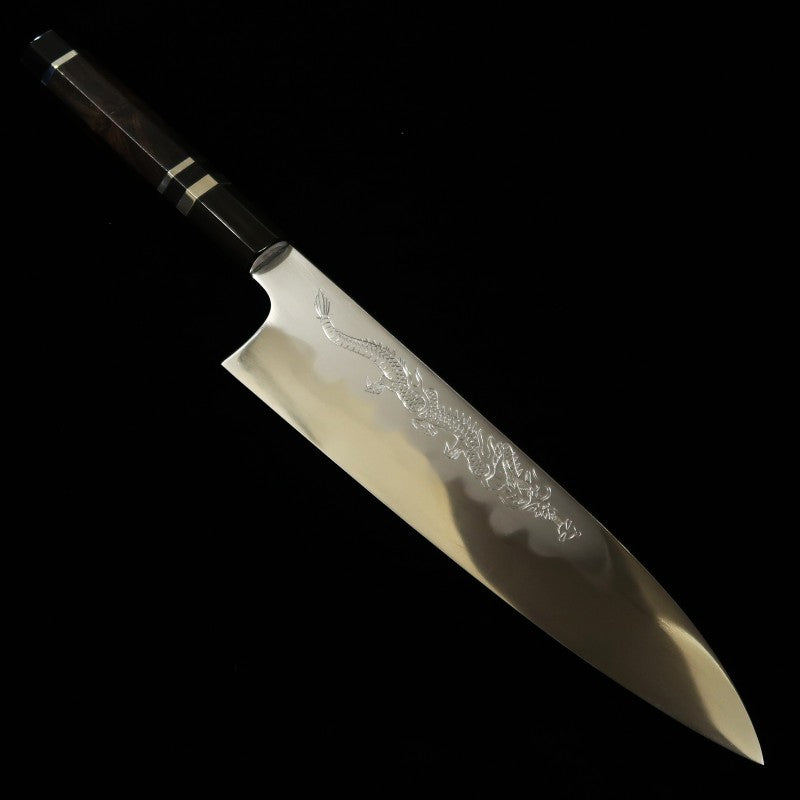 水野鍛練所 MIZUNO 源昭忠 青紙一号 本焼DX 牛刀 鏡面 龍刻印入り 黒檀