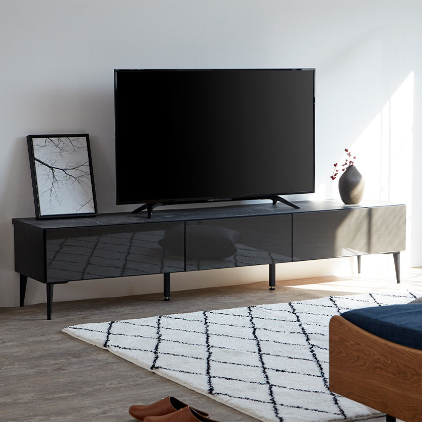 大川家具｜モーブル テレビ台 幅200cm｜大理石調×ガラス - 扉を閉めた