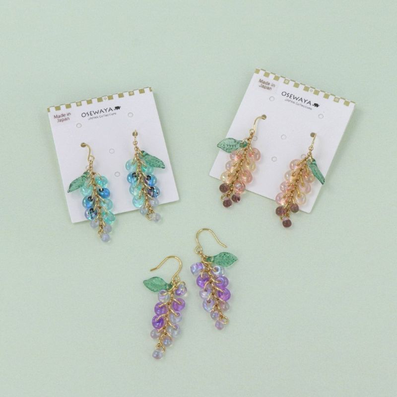ピアス 藤の花 葉 リーフ オーロラ ドロップビーズ グラデーション