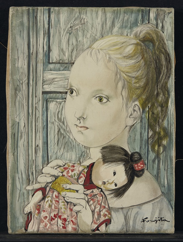 藤田嗣治（レオナール・フジタ） 油彩 サイン 《人形をもつ少女》