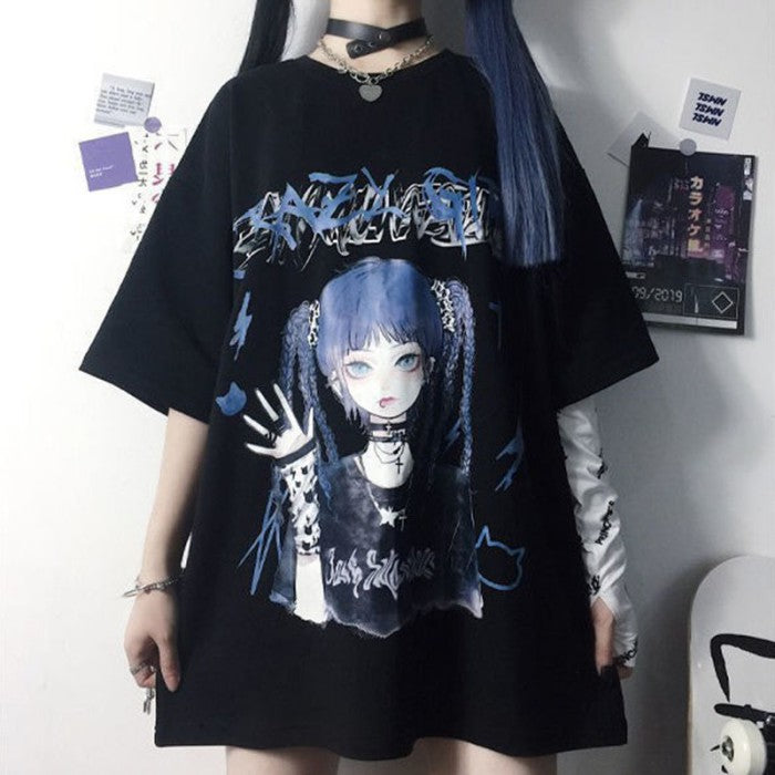 イラストプリントTシャツダークガールver◇イラストTシャツ 地雷系 S