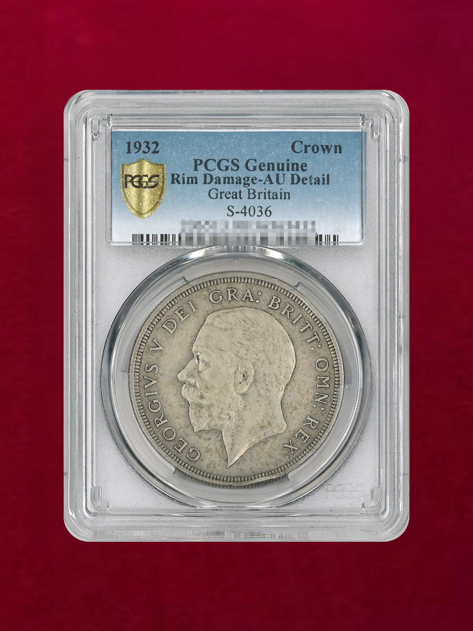 イギリス】クラウン 銀貨 1932 PCGS Genuine Rim Damage-AU Detail［B