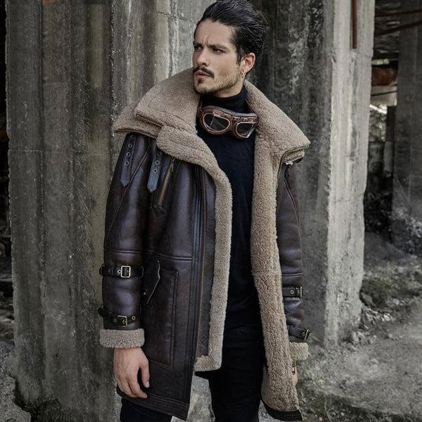 B3 Flight Jacket Men's Shearling Aviator Fur Long Coat - Avanzar