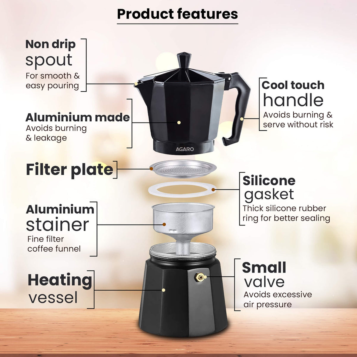 Zoom Classic Moka Pot, 240ml, Black | Serves 6 Cups | AGARO – Agaro