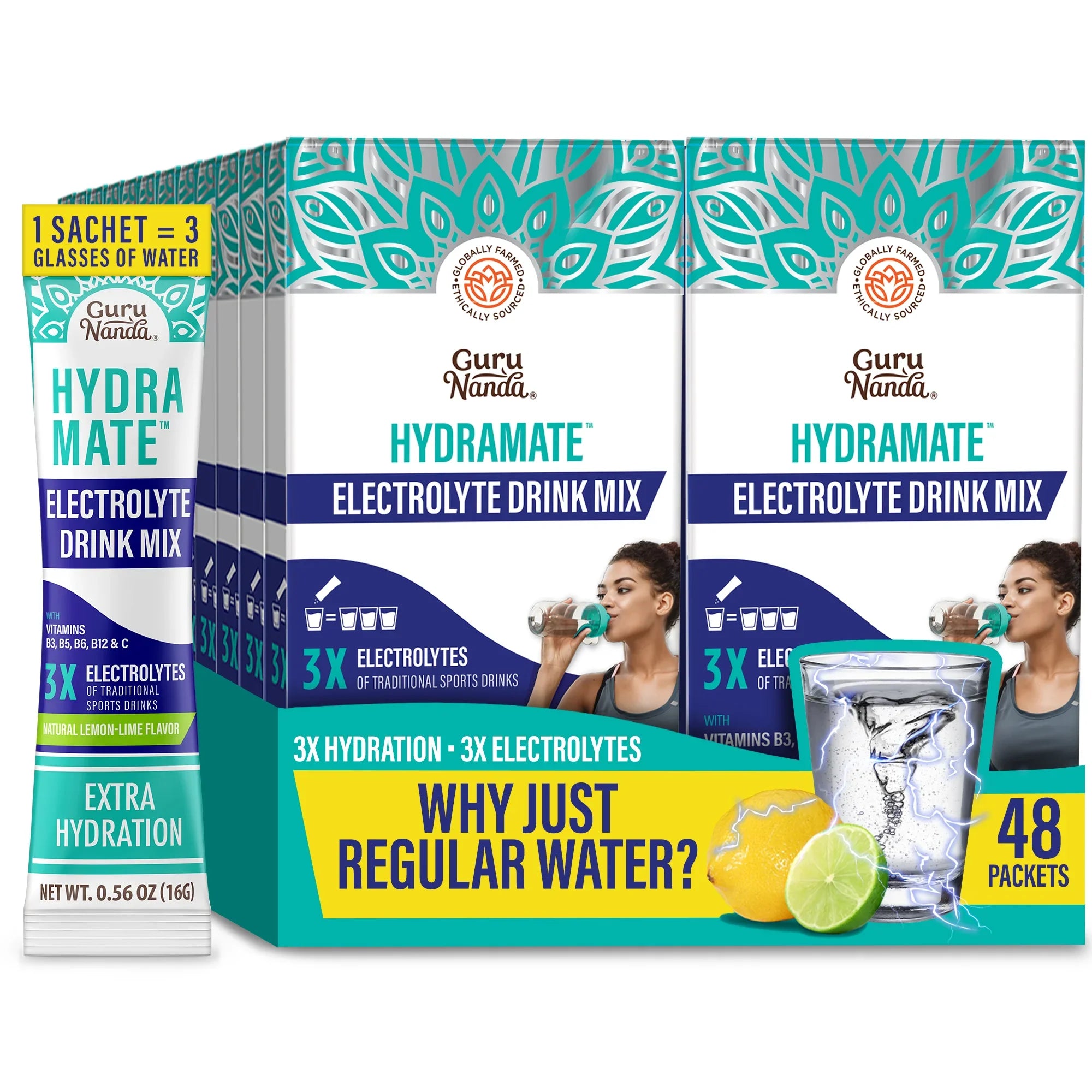 Hydramate Hydration Support Drink Mix By GuruNanda, Lemon Lime, 24 Pk