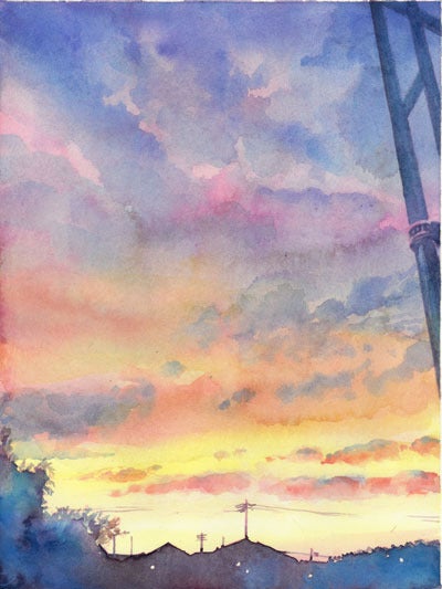 水彩画新作「住宅街の夕焼け」 | Mariの講座日記