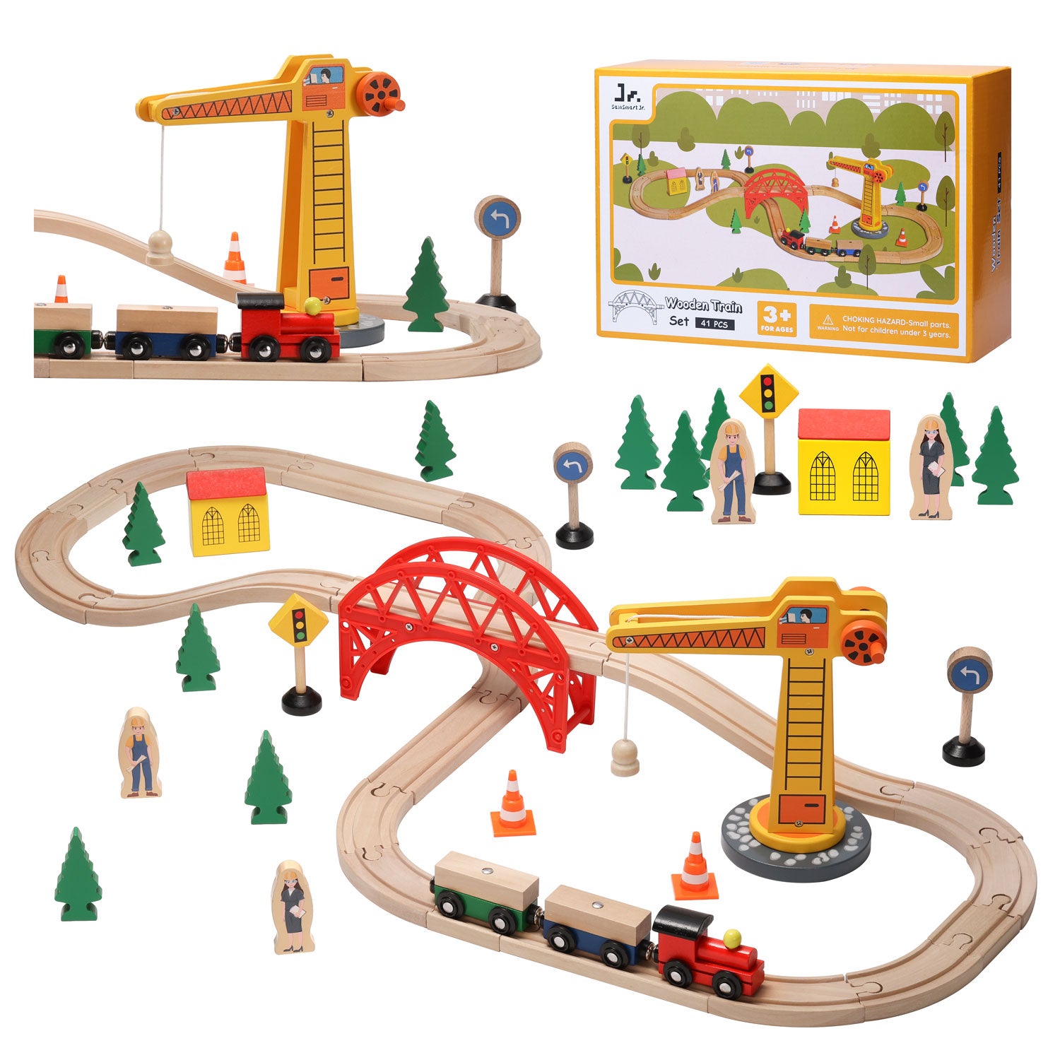 Wooden Train Track w/Crane (41 pcs) | SainSmart Jr. Toys