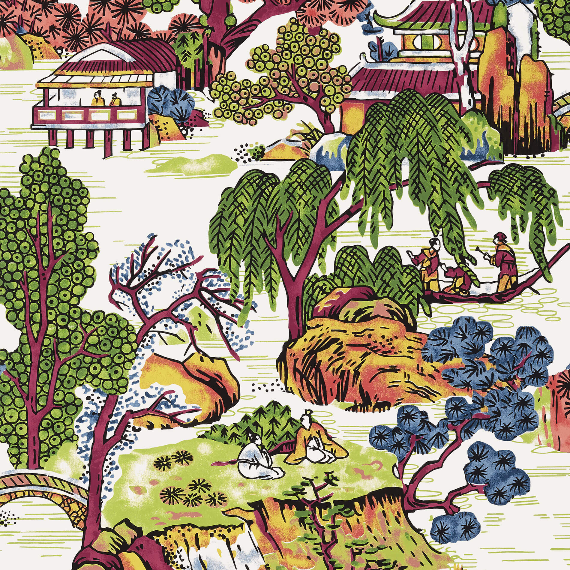 T75464 Thibaut Dynasty Asian Scenic Wallpaper - Coral & Green – US