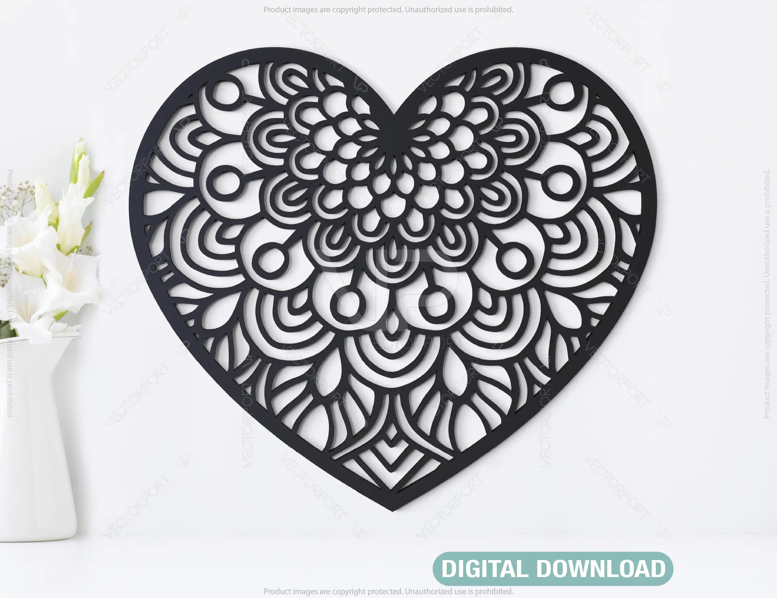 Modern doodle heart shape mandala art design 25 different | SVG