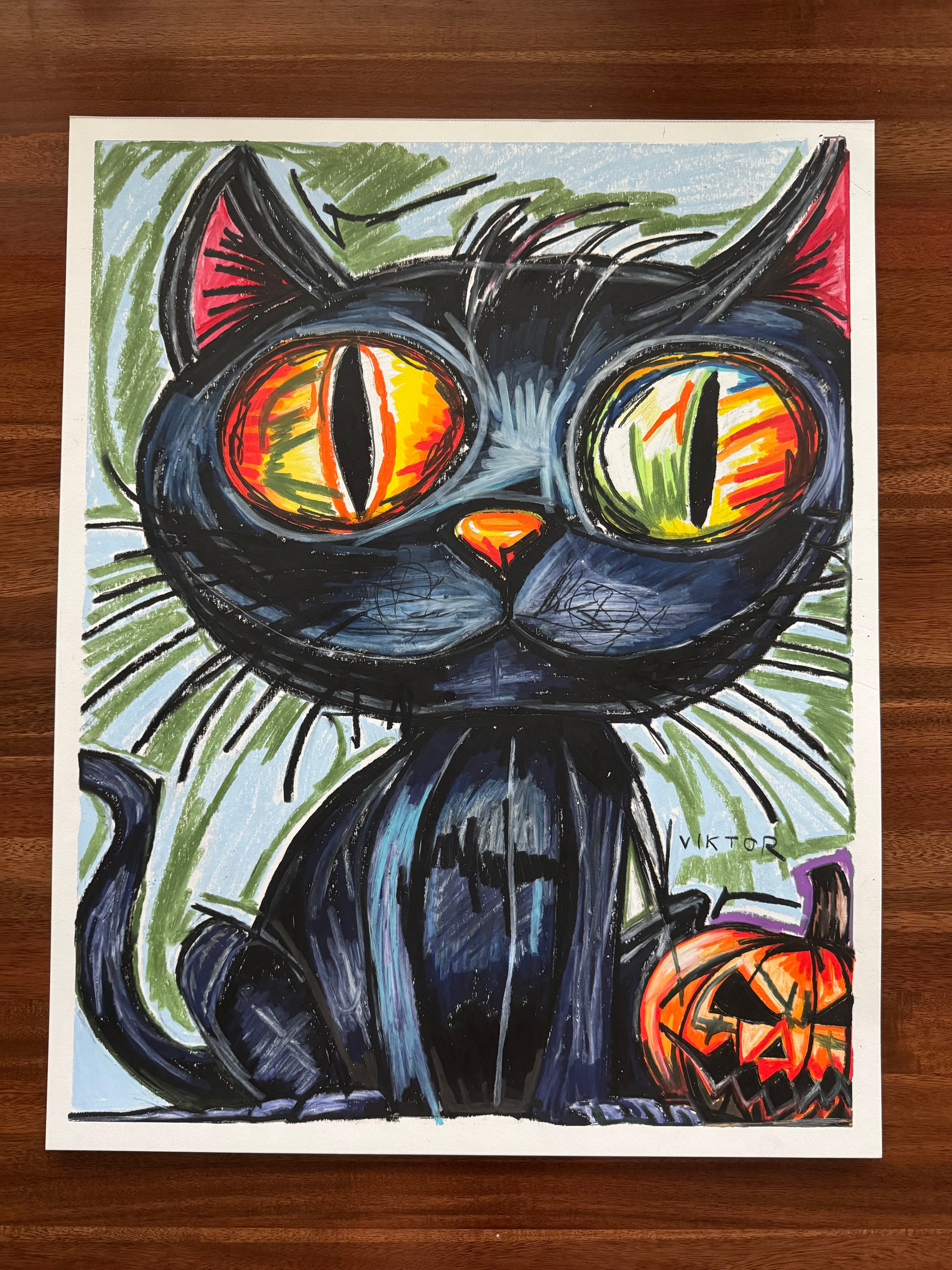 Halloween Cat - ORIGINAL OIL PASTEL ARTWORK - 19x24
