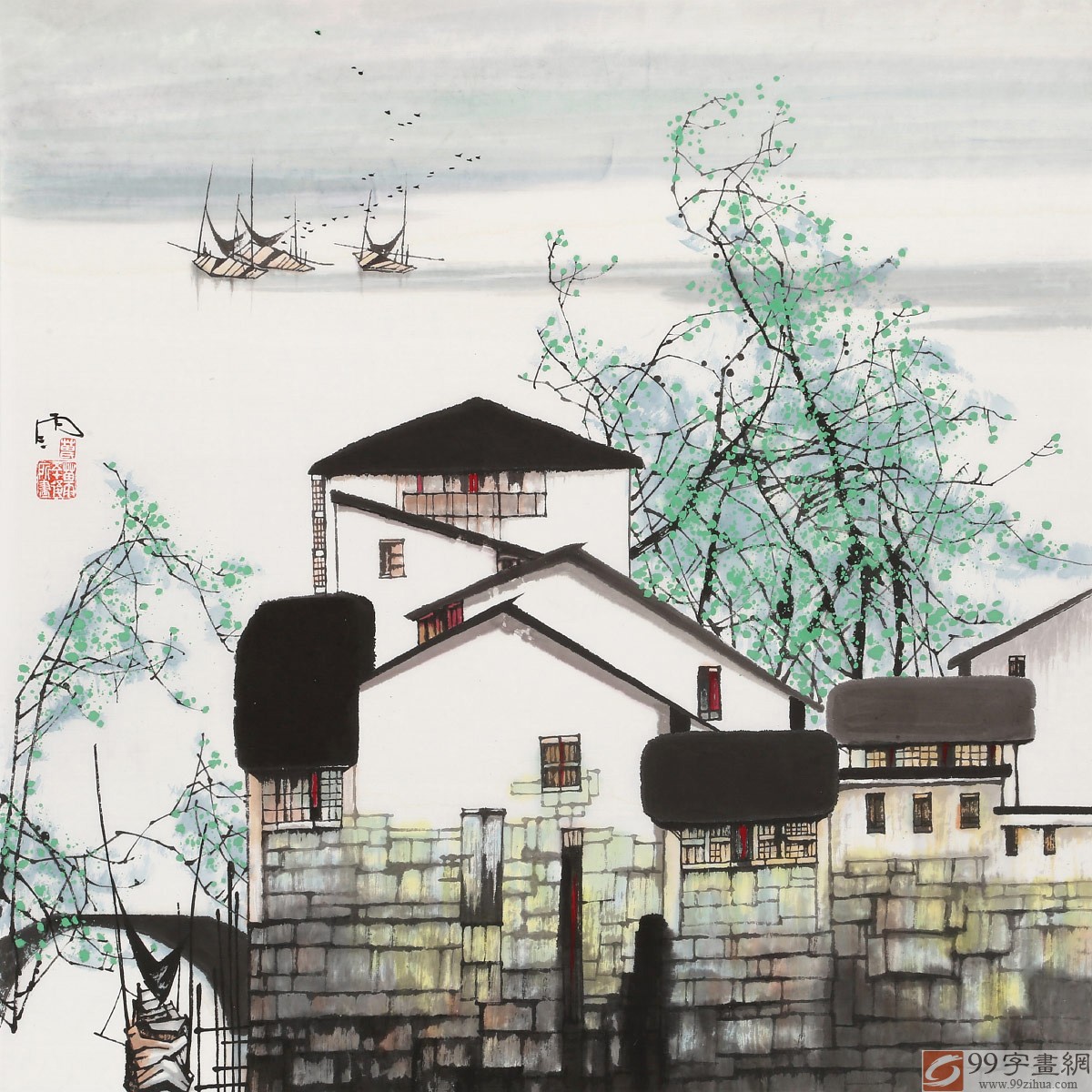 苗雨四尺斗方江南山水画《水乡春韵》 - 写意山水画- 99字画网