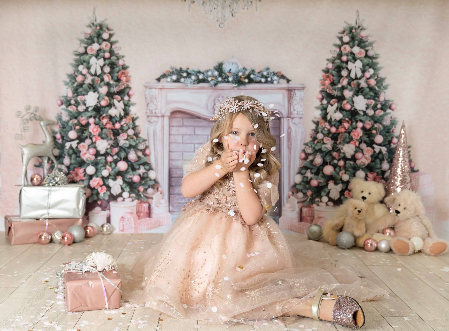 Elegant Pink Christmas Fireplace Backdrop