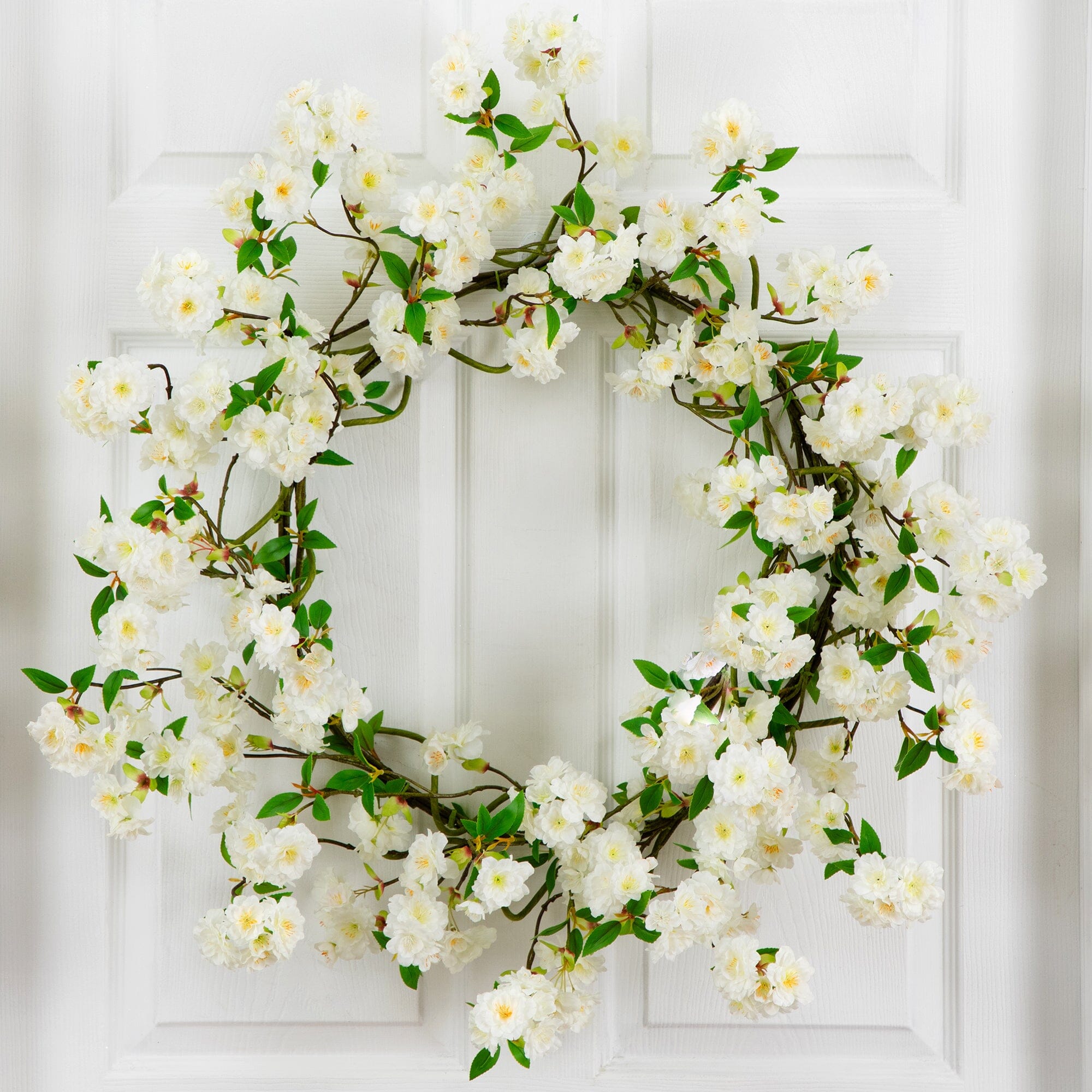 30” Artificial White Cherry Blossom Wreath | Nearly Natural