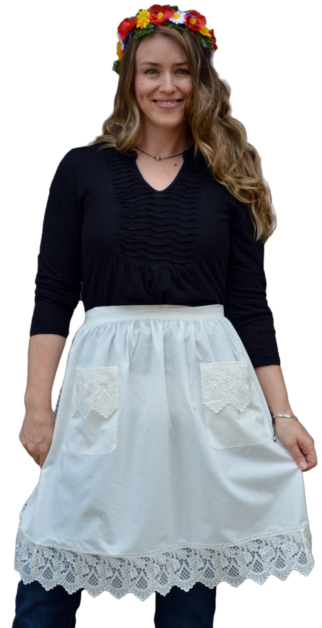 Beige Deluxe Adult Victorian Lace Half Apron Costume