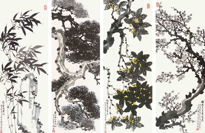 王雪涛等《花鸟四条屏》作品欣赏-名人字画网