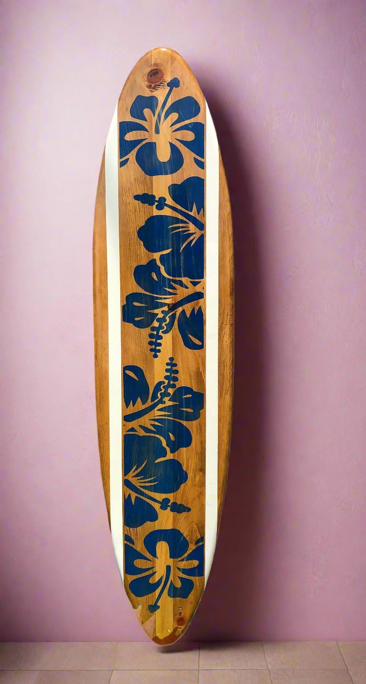 Blue Hibiscus Distressed Surfboard Wooden Wall Art- Luxury Coastal