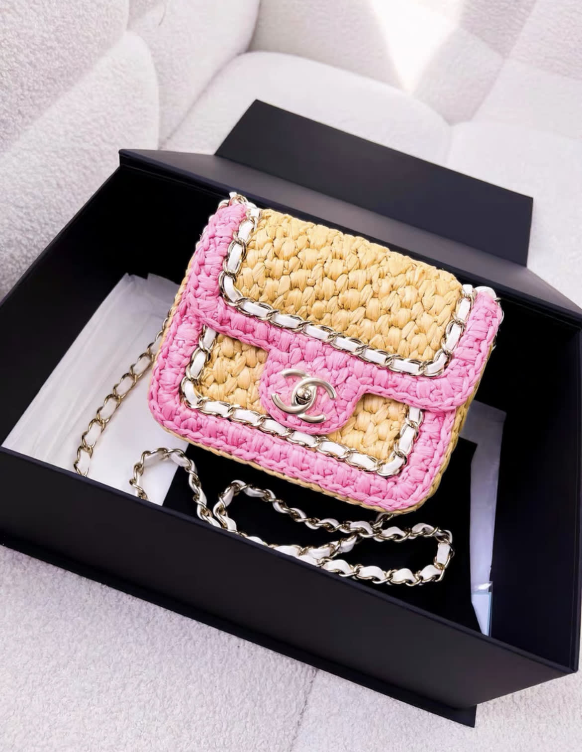Rare Chanel 24C Mini Flap Bag Pink Raffia Effect Braid/Metal