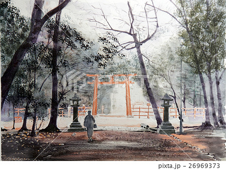 下鴨神社 糺の森スケッチ 京都観光 世界遺産 水彩画のイラスト素材