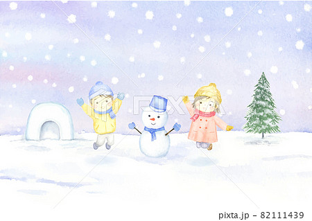 冬のこども かまくらともみの木と雪だるま 水彩背景のイラスト素材