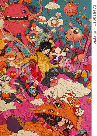 カラフルでポップなモンスターたちのグラフィティアートのイラスト素材