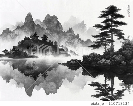 静寂な山の湖 - モノクロの墨絵風景のイラスト素材 [110718134] - PIXTA