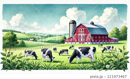 牛のいる牧場風景・酪農のイラスト素材 [121973467] - PIXTA