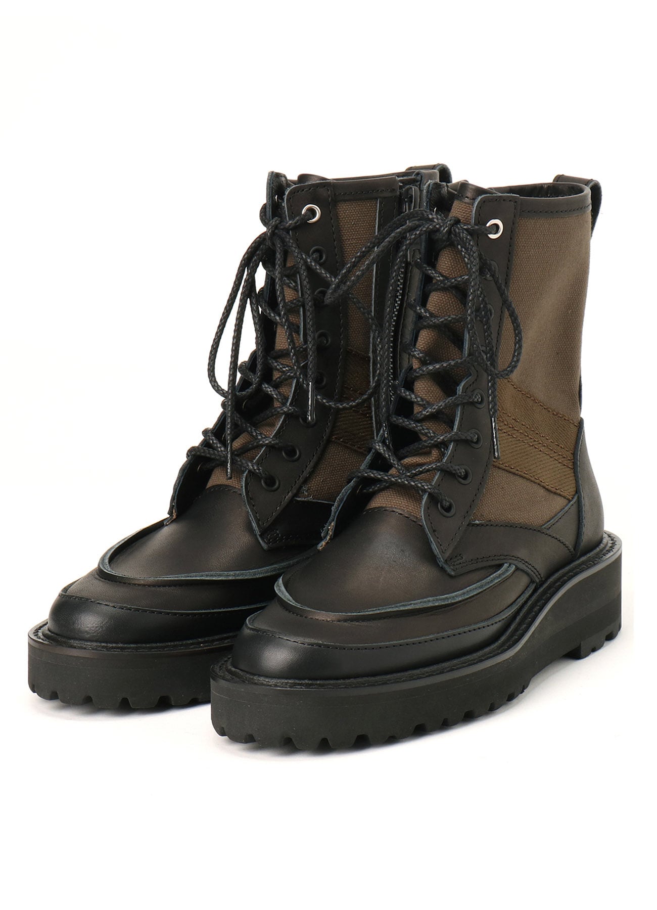 COTTON DUCK/LEATHER COMBINATION MILITARY BOOTS(22.5 Khaki