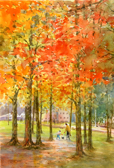 受注制作します 水彩画原画 紅葉の公園3 ＃529 | syoumei