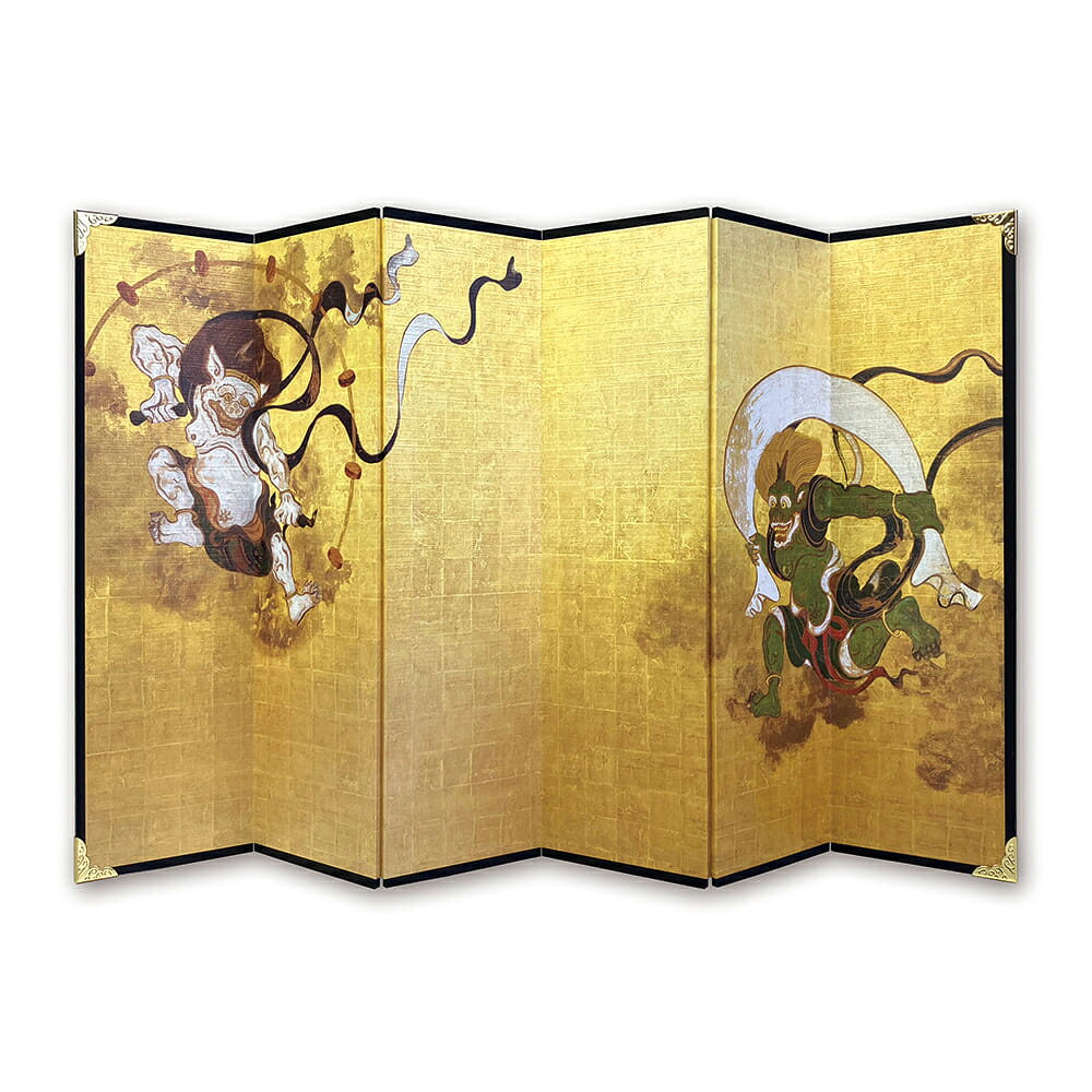 長期保管品 風神雷神図屏風 風神雷神 屏風 置物 オブジェ 金彩 蒔絵