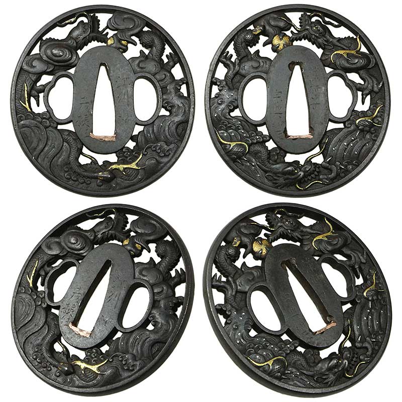 S12六角透かし鉄鍔・大小鍔一対 木箱付 武具・刀装具 S12六角透かし鉄
