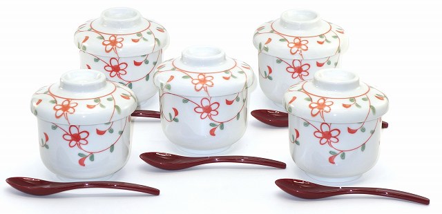 楽天市場】美濃焼 新赤絵花 蒸し碗 5客セット スプーン付き【茶碗蒸し