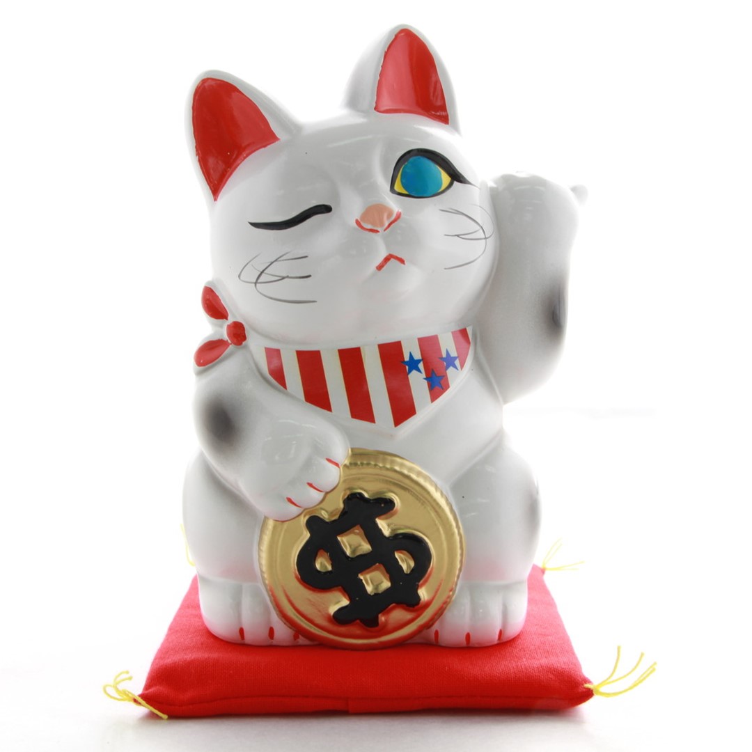 楽天市場】4号招き猫ドル猫白左手(座布団付) 【楽ギフ_包装】 【楽ギフ