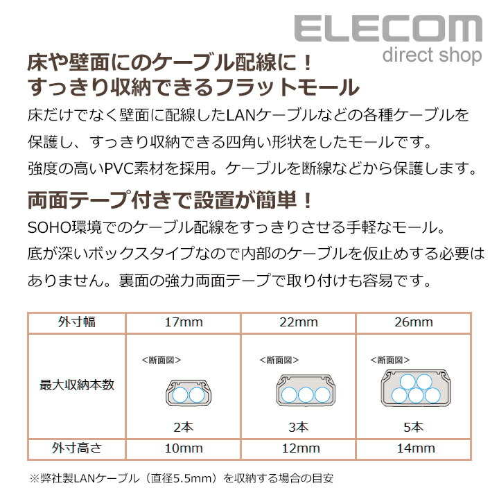 楽天市場】エレコム フラットモール 壁/床用 ケーブルカバー 配線