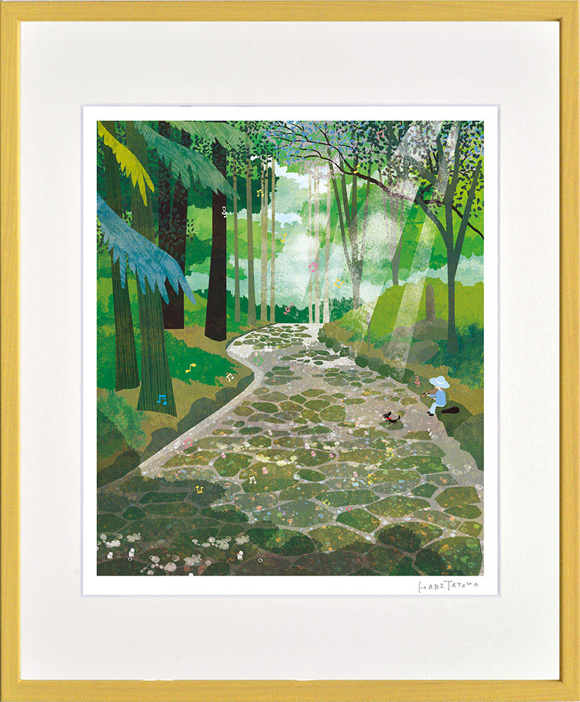 油絵 菅家令子絵 絵画インテリア額付(青緑＋金色の枠)F4-090818