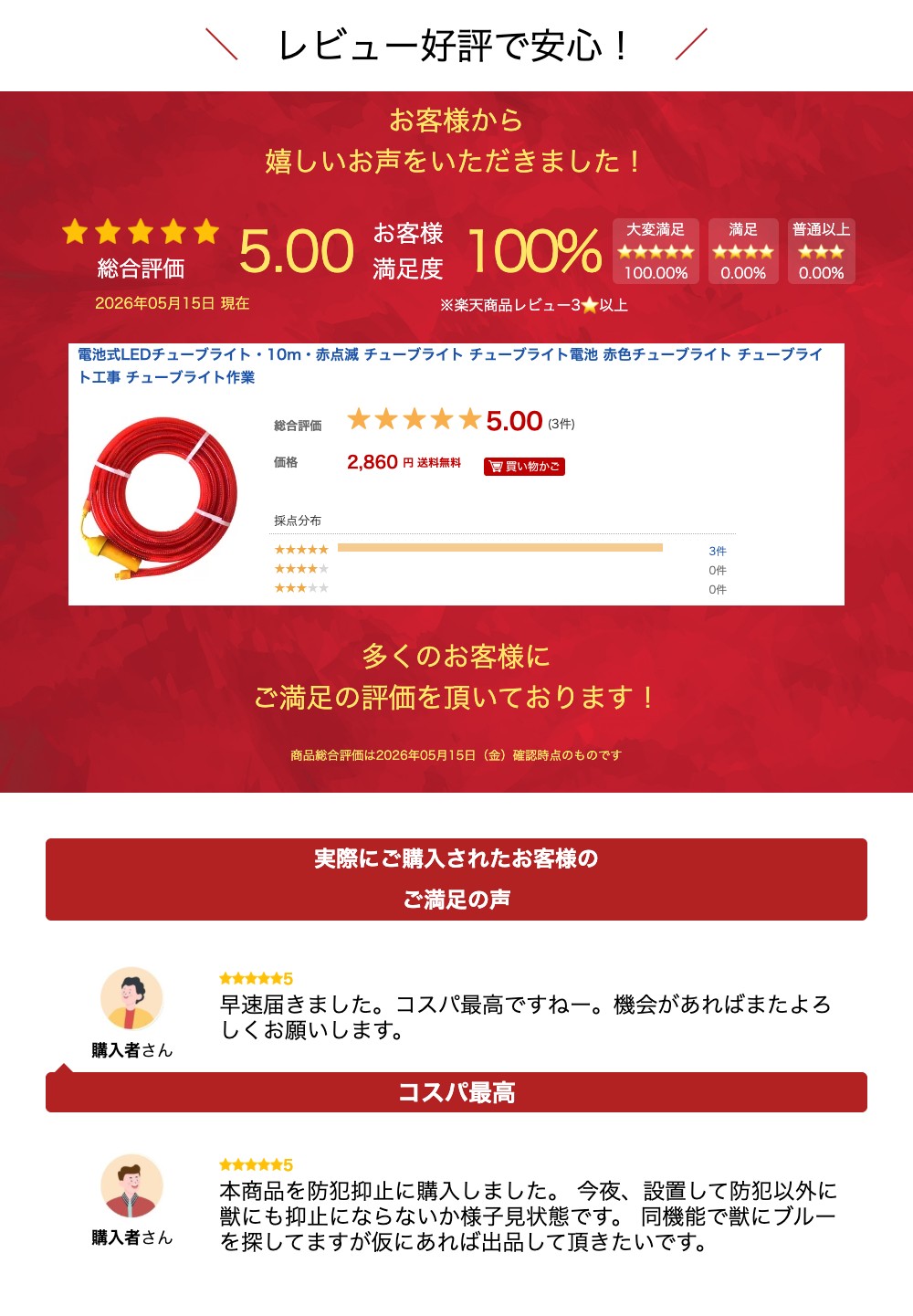 楽天市場】電池式LEDチューブライト・10m・赤点滅 チューブライト