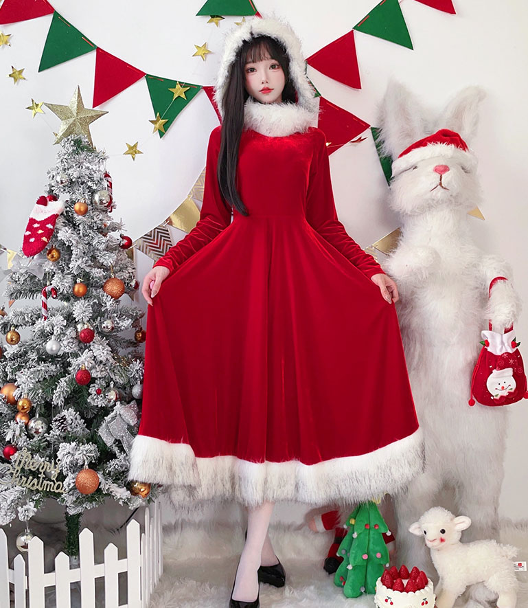 楽天市場】クリスマス ワンピース 長袖 フード付き ロング丈 ミモレ丈