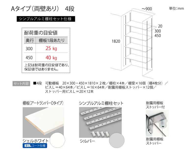 楽天市場】可動棚板セット 4段 シェルホワイト (棚柱1820mm×奥行300