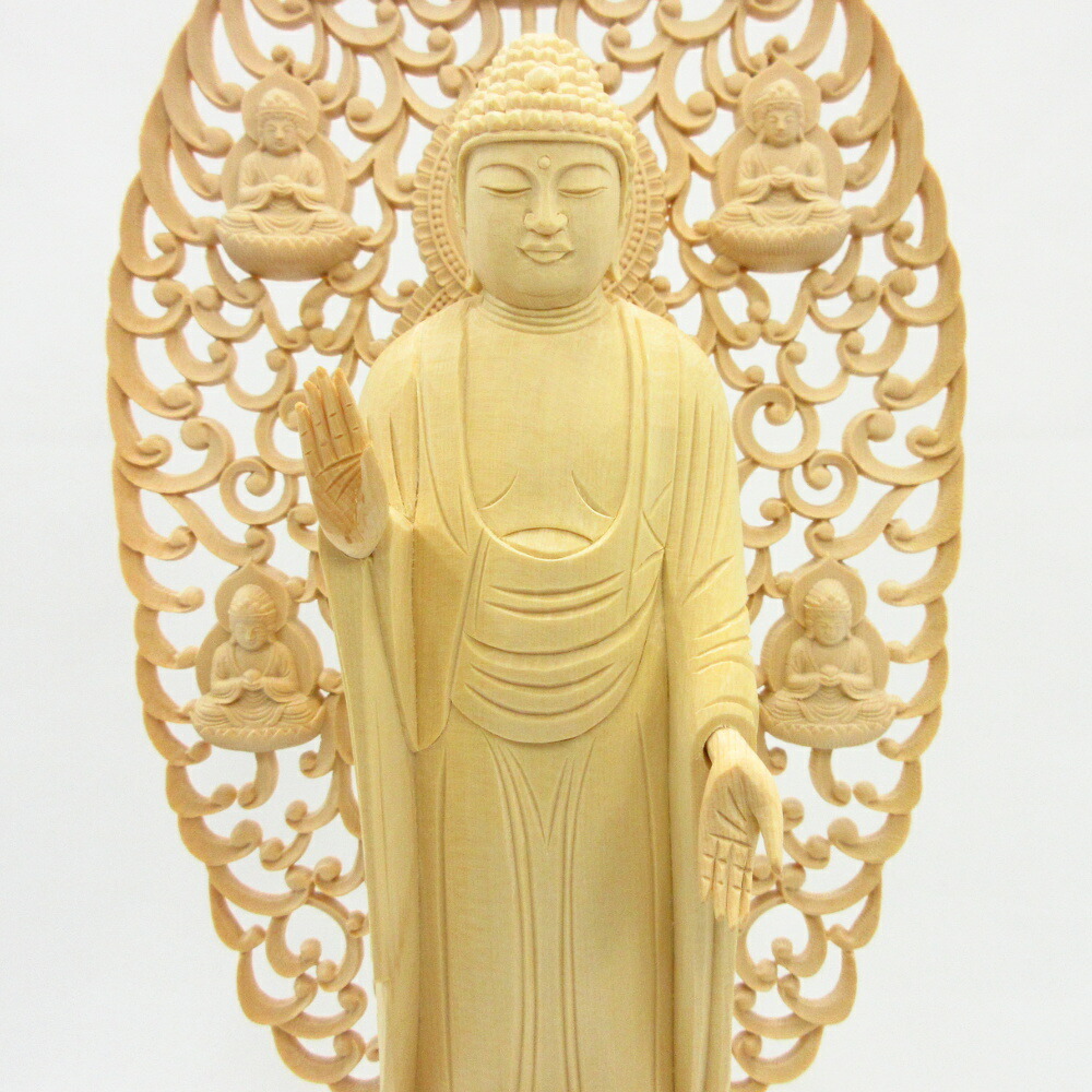 楽天市場】仏像 釈迦如来 立像 6.0寸 四菩薩光背 八角台 桧木 釈迦如来