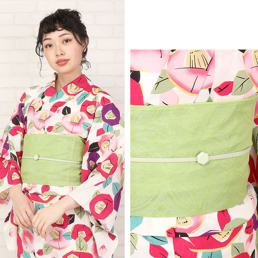 専用です アンティーク明るいピンクの着物に黄緑のだらり帯セット 専用
