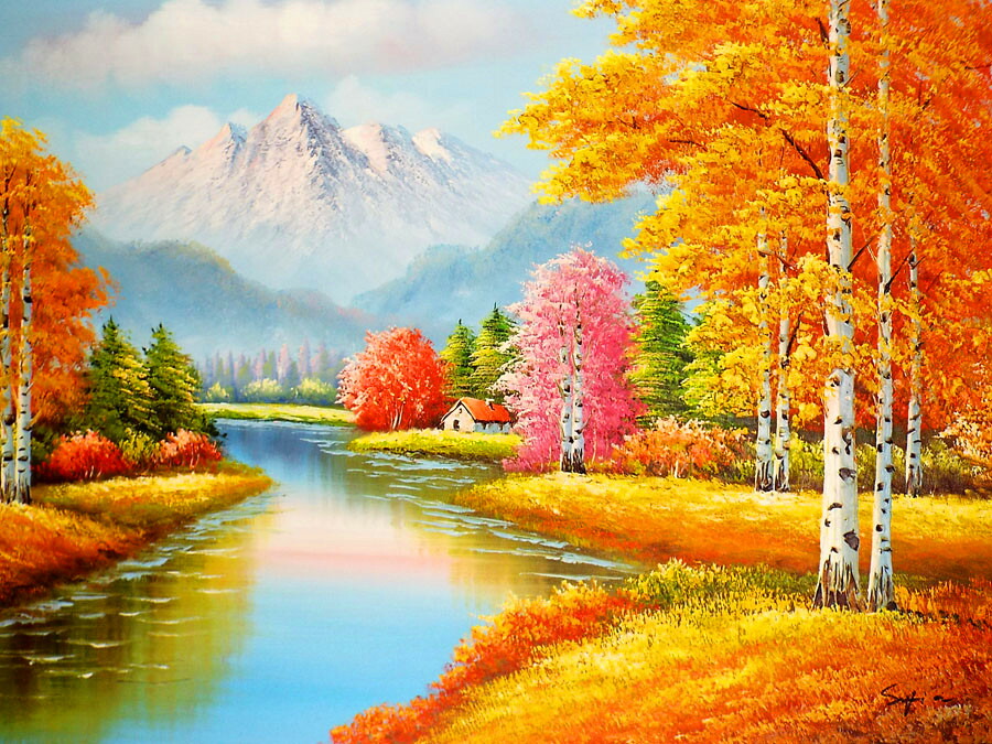 秋の風景 油彩画 大きめのフレーム 秋の風景 油彩画 大きめのフレーム