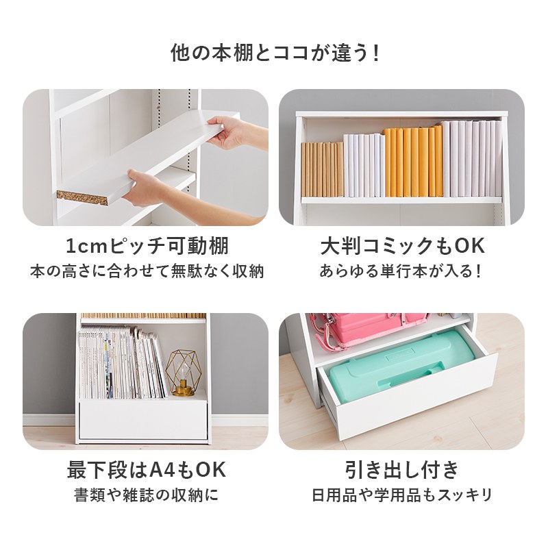 楽天市場】ブックラック 幅60cm ロータイプ 可動棚1cmピッチ 引き出し