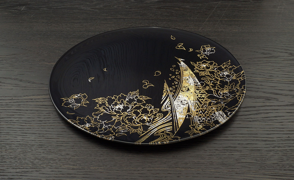 黒塗 金縁 月夜ガラス 足付き 銘々盆 5枚 [B31445] 黒塗 金縁 月夜