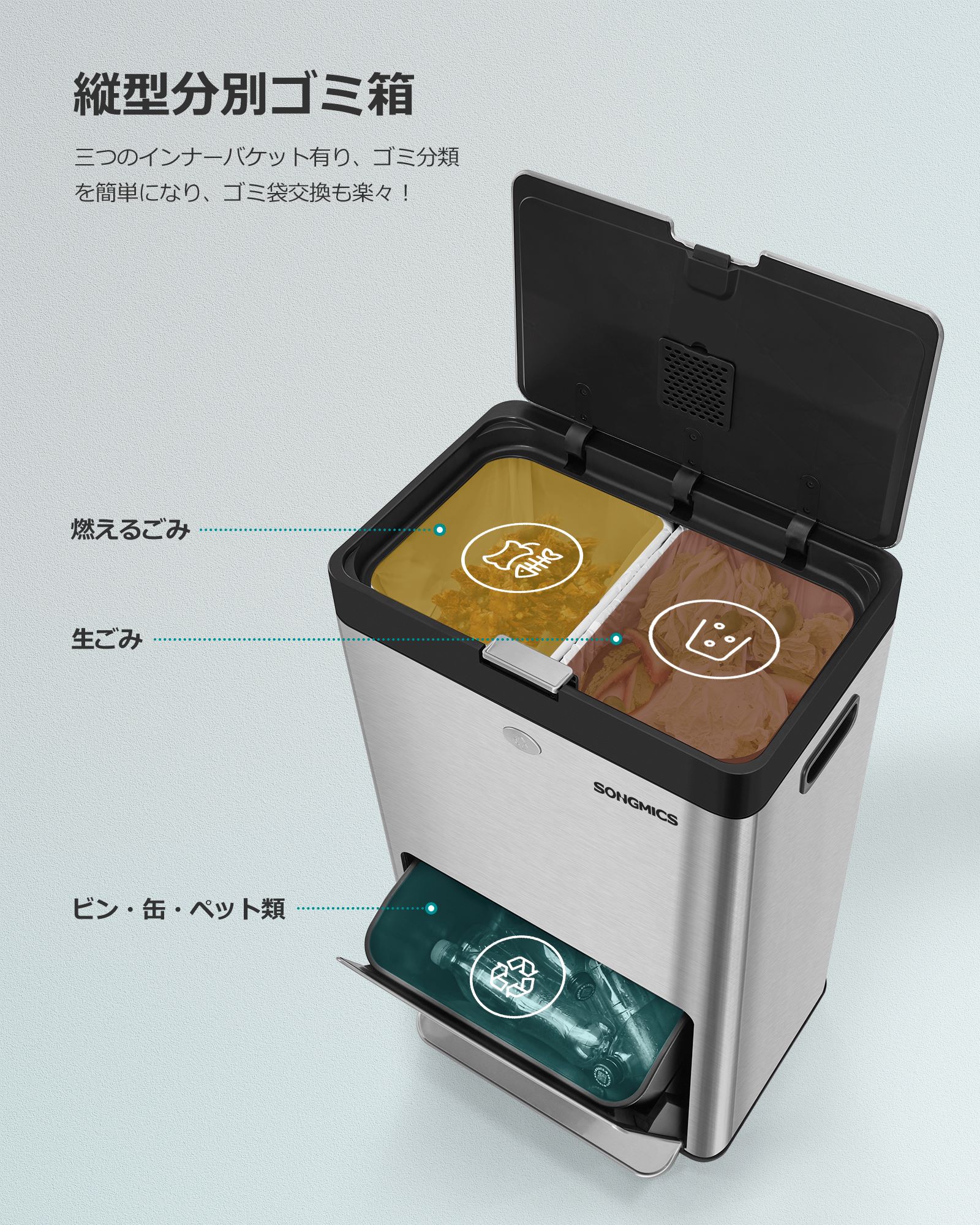 楽天市場】SONGMICS ゴミ箱 2段式3分別 縦型 60L ペダル式キッチン