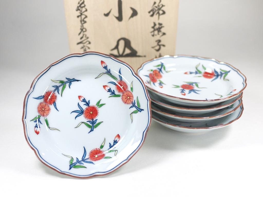 源右衛門 染錦草花文 和菓子皿 是米木窯 10客 染付 共