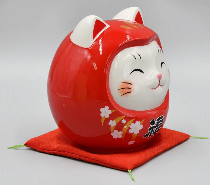 楽天市場】薬師窯 彩絵 開運猫だるま（桜赤福・特大）（貯金箱）赤