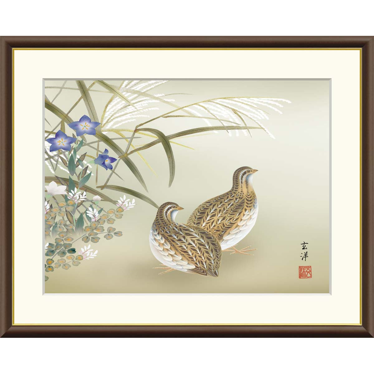楽天市場】絵画 現代日本画 花鳥画 秋飾り 秋草に鶉 近藤玄洋 額入り