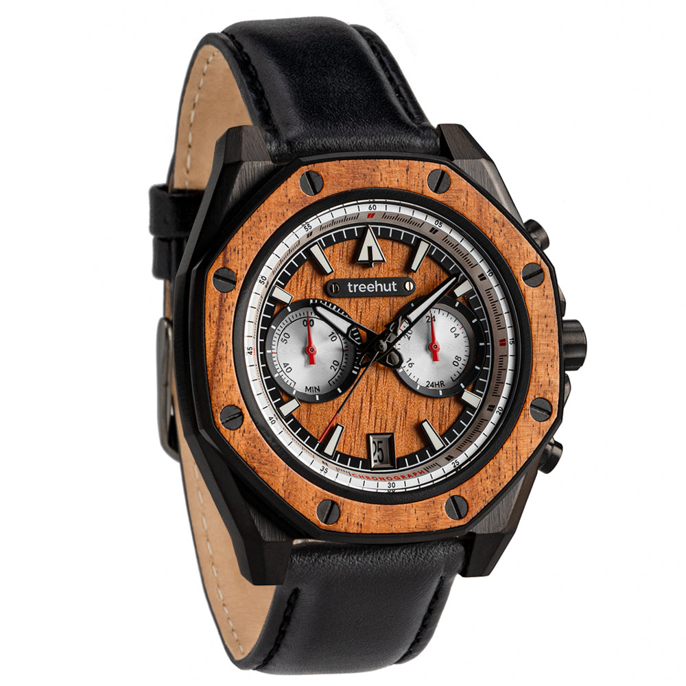 Black Leather Wrist Watch With Hawaii Koa Wood Details | Treehut