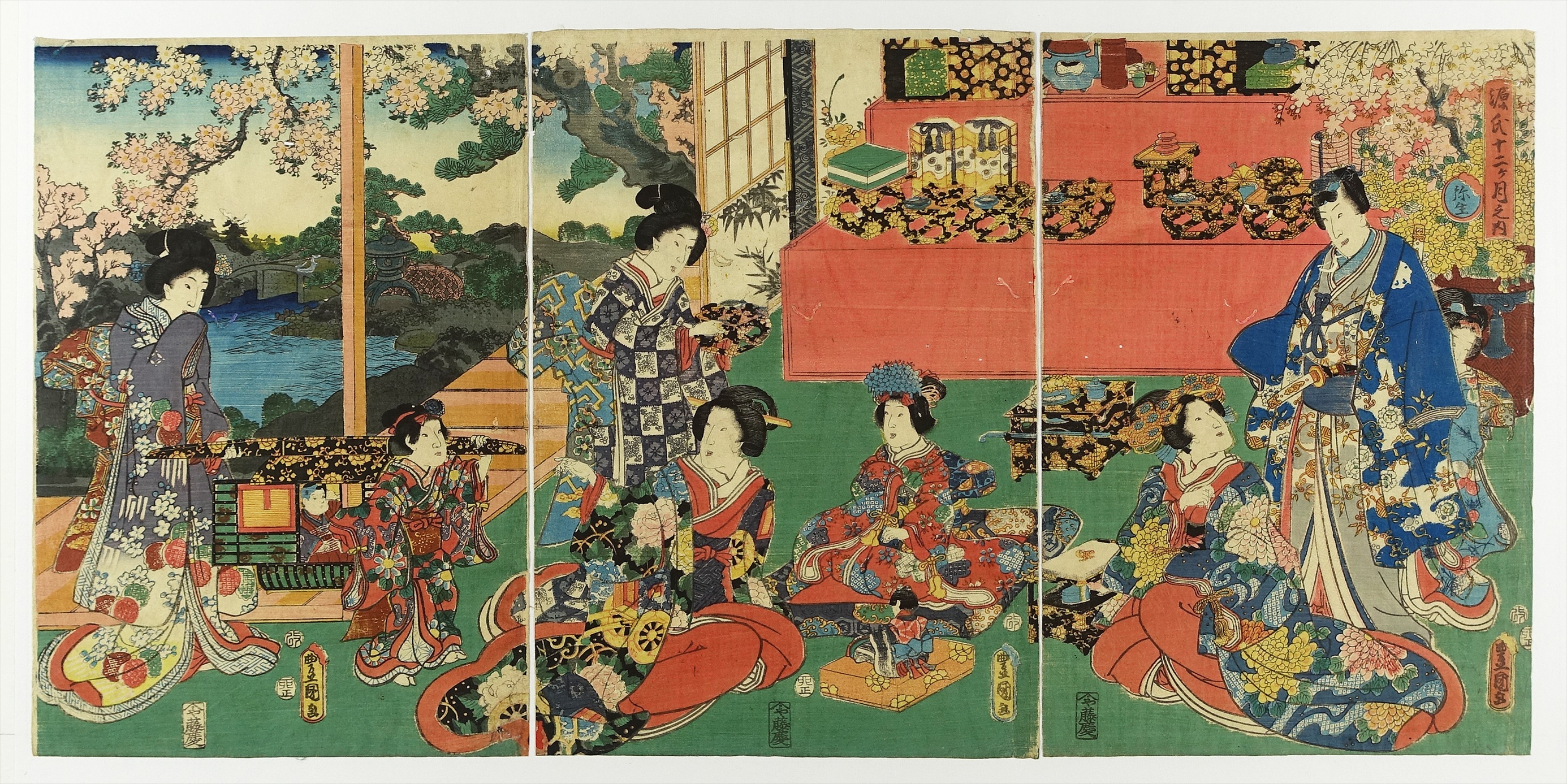 源氏十二ヶ月之内 弥生 三枚続 | 山星書店 浮世絵 Yamaboshi-Shoten