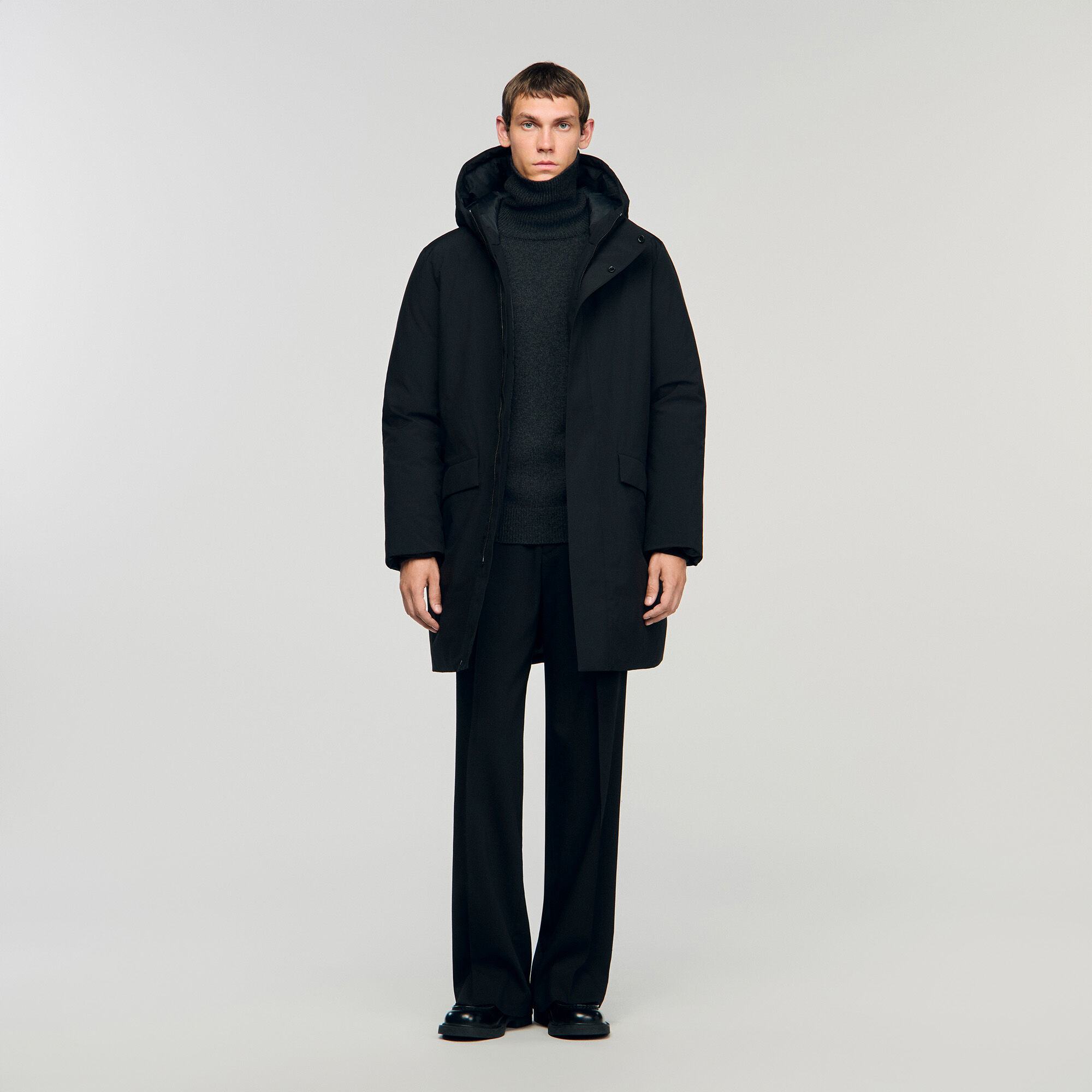 Zip-up hooded parka black / gray for Men | Sandro Paris