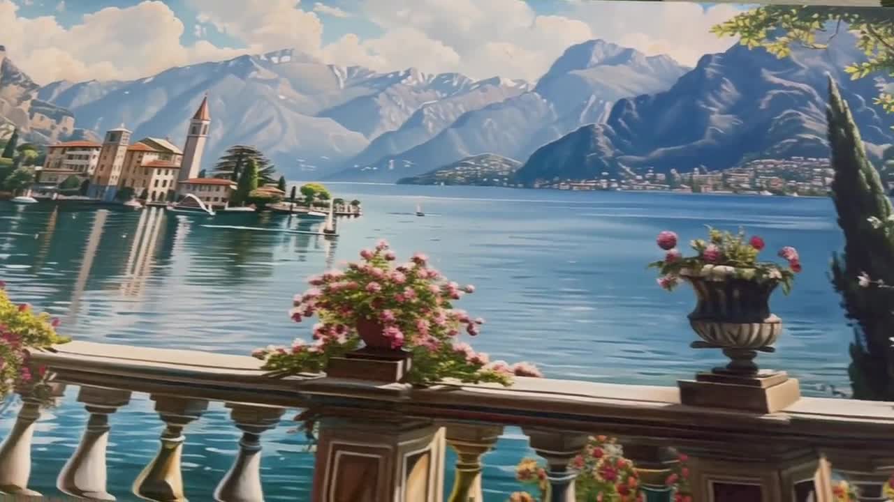 風景画 コモ湖 キャンバスプリント、イタリアのコモ湖 ウォールアート